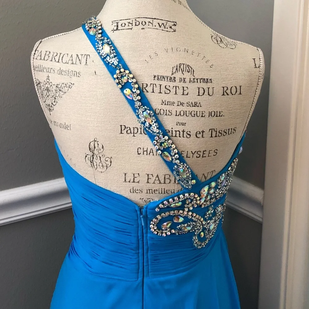 NEW PANOPLY SZ 8 TURQUOISE ONE SHOULDER JEWELED DRAPE FORMAL GOWN - Picture 6 of 9